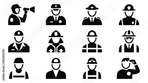 Various occupations and professions icon set in black on white background