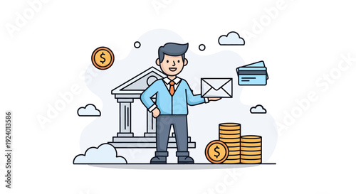 Businessman Sending Email with Financial Bank Building Background