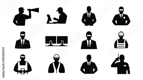 Silhouettes of business professionals and workers in various occupations and industries on white background
