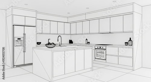 Modern Kitchen Design Blueprint Sketch.
