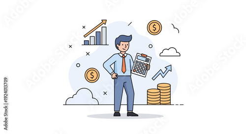 Businessman Analyzing Financial Growth with Graphs and Coins