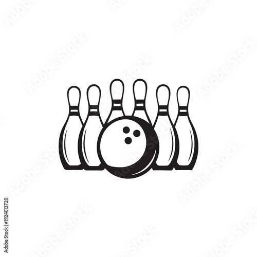 A solid black bowling ball sits before six pins that are ready for action