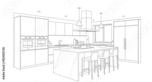 Modern Kitchen Design Blueprint Sketch.