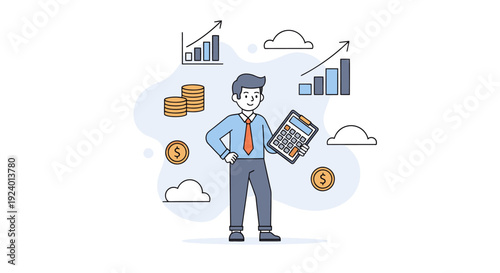 Businessman Analyzing Financial Growth with Charts and Coins