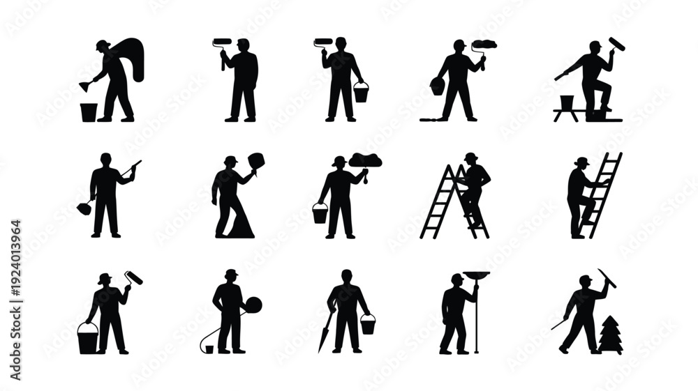 Fototapeta premium Collection of black silhouette icons depicting various construction workers performing tasks with tools and equipment
