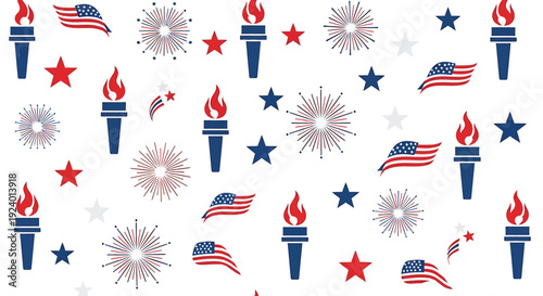 Patriotic icon set with American flags, torches and fireworks