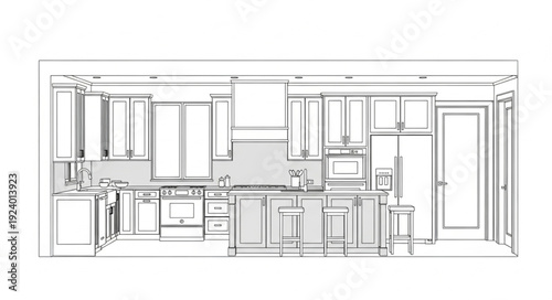 Modern Kitchen Design Blueprint Sketch.