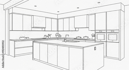 Modern Kitchen Design Blueprint Sketch.