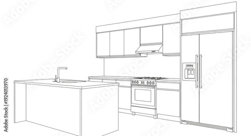 Modern Kitchen Design Blueprint Sketch.