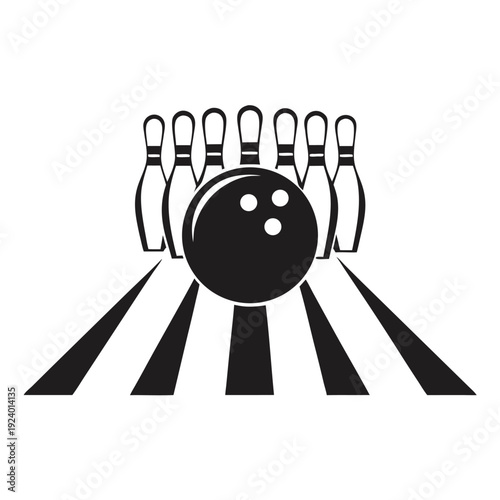 A striking monochrome shows a bowling ball poised to knock down pins on alley
