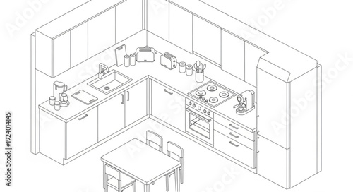 Modern Kitchen Design Blueprint Isometric View.