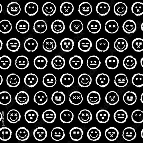 Black and white seamless grunge pattern featuring abstract shapes, doodles, scribbles, geometric elements, waves, emoji, smiles and organic textures