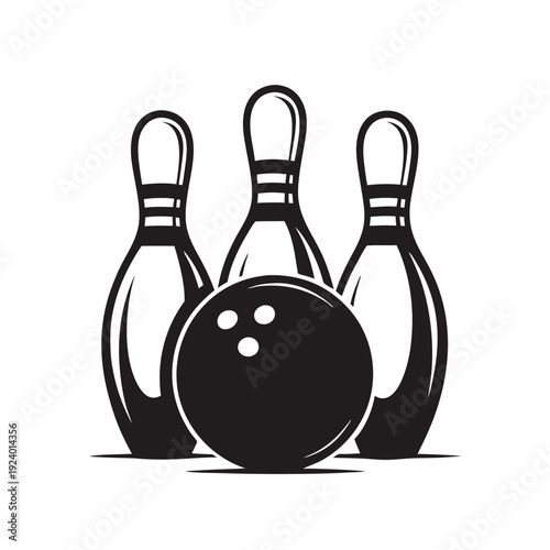 A black bowling ball is positioned prominently in front of three black pins