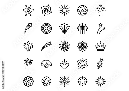 Minimalist Celebration: 25 Vector Firework Icons, Linear Pyro Graphics: Black and White Firework Icon Set, Festive Spark Symbols: Monoline Vector Firework Illustrations