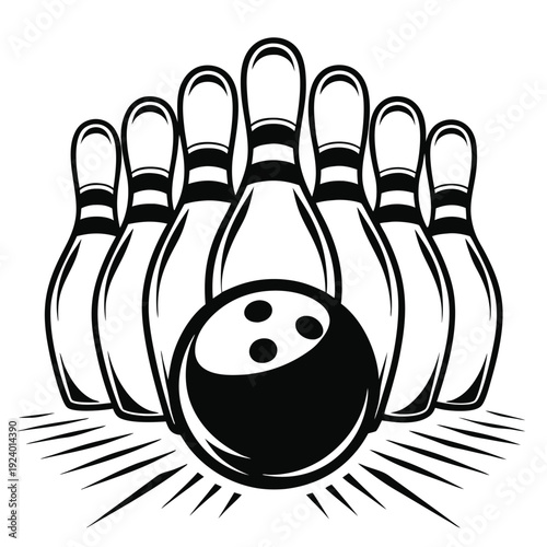 A bold black and white bowling design showcases pins poised behind a ball