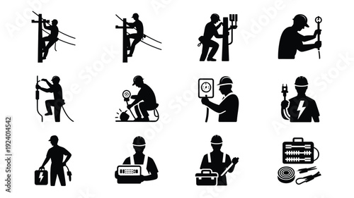 Electricians at work with tools and equipment various tasks and activities black silhouettes on white background