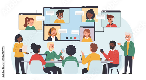 Modern Hybrid Business Meeting: Diverse Team Collaborates In-Person and Remotely via Video Conference Technology