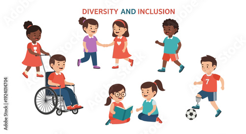 Diversity and Inclusion: Happy Multiracial Children with Disabilities Playing and Learning Together. Kids Friendship and Equality Concept.
