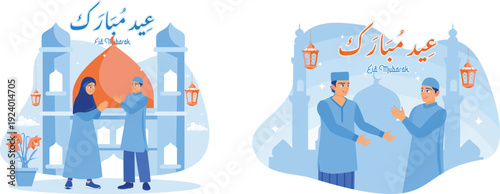 Welcoming Eid Al Fitr. Two Muslims celebrate Victory Day. Forgive each other. Happy Eid Mubarak concept. Set flat vector illustration .