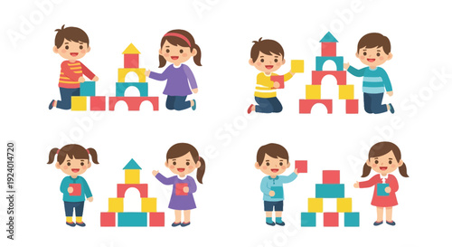 Children happily building with colorful wooden blocks in a playful scene