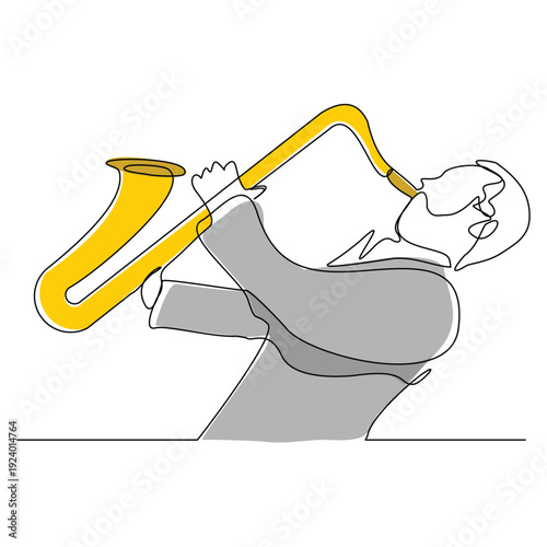 Continuous line sketch drawing of man musician classic jazz playing trumpet saxophone music instrument. One single line classic royal jazz orchestra editable stroke vector illustration