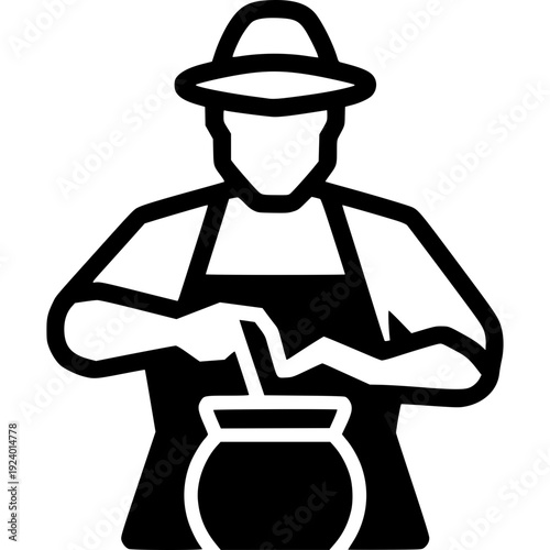 Vector illustration of a man watering a plant while holding a watering can and a cup of coffee in a simple cartoon icon style