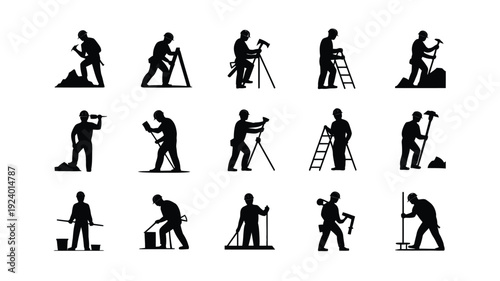 Collection of construction workers in various poses and actions on a white background