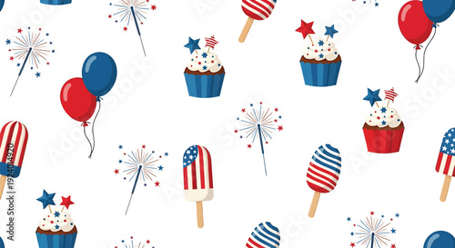 Patriotic party pattern with cupcakes, popsicles, balloons, and stars