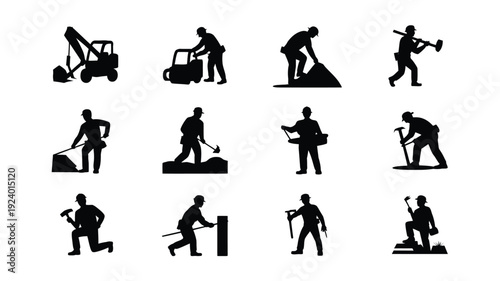 Construction workers in various poses and actions with tools and machinery silhouettes