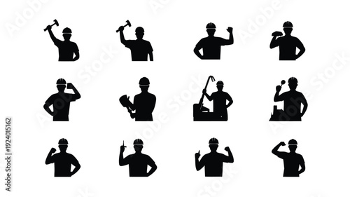 Set of black silhouettes of workers in various poses with tools expressing strength and occupation
