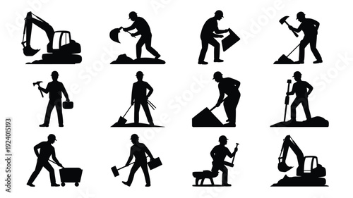 Construction workers laborers digging lifting materials with tools excavator silhouettes