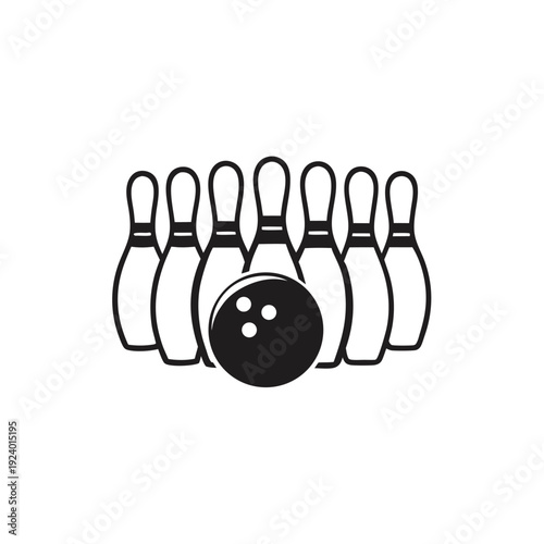 A black bowling ball sits before seven bowling pins in a graphic