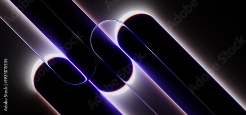 Liquid glass diagonal stripe 3D pattern. Abstract rounded lines, holographic transparent plates overlay with glowing neon light on black background. Futuristic tech, wallpaper screen. 3D illustration