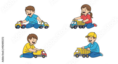 Four children happily playing with colorful toy trucks and construction vehicles