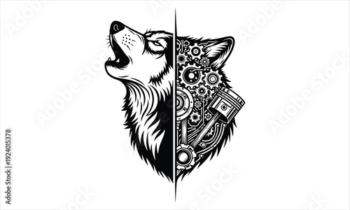 A black and white illustration of a wolfs head split in two with one side being organic and the other mechanical on white background