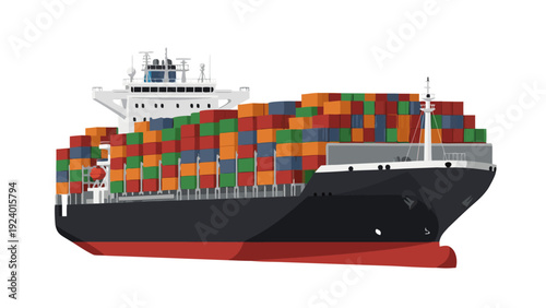 Large Cargo Ship with Colorful Containers Vector Illustration Showing Size and Load Capacity Facing Right