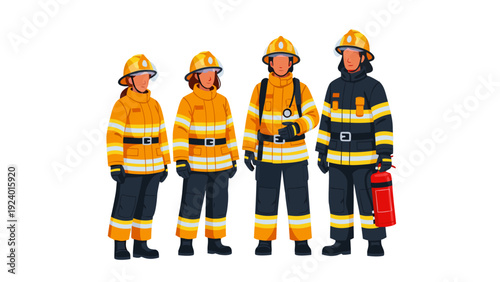 Vector illustration of four firefighters in uniform line holding safety equipment and tools in a clear viewer perspective