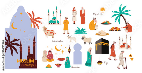 Colorful flat vector illustration set depicting Muslim lifestyle, featuring religious landmarks like the Kaaba, festive celebrations for Eid, and people in traditional attire.