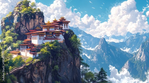 Isometric view of Bhutan Tiger Nest Monastery perched on a cliffside