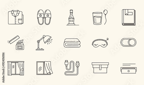 Premium Hotel Hospitality  Bedroom Essentials Icon Pack - 15 Minimalist Line Art Graphics for Luxury Stays, Personal Care, Travel Gear  Interior UI Assets