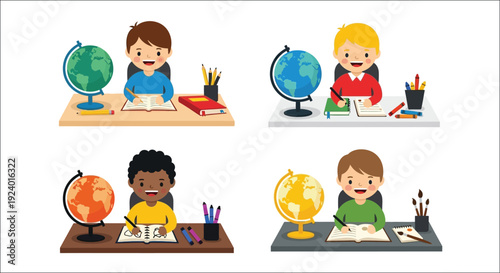 Four diverse students studying at desks with globes and school supplies