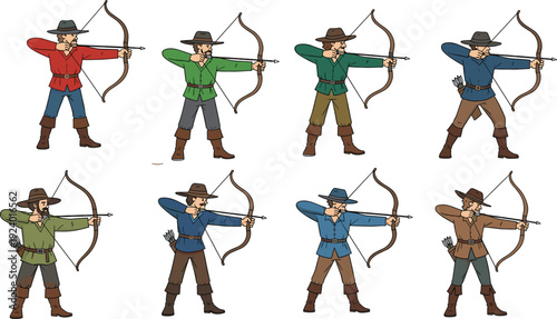 cartoon archers vector illustration, bow arrow aiming poses, colorful character design artwork, animation frame concept, game development archery theme, creative artwork set