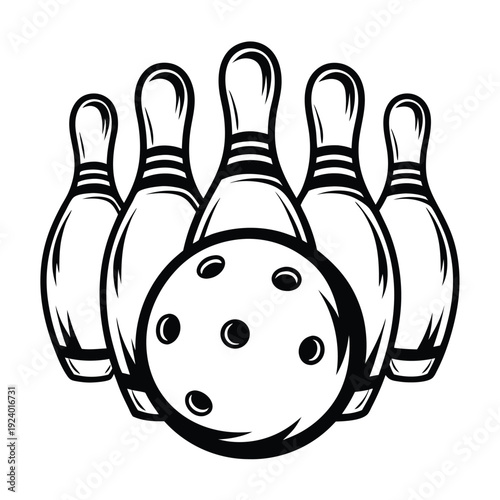 A black and white bowling ball appears centered amongst five bowling pins