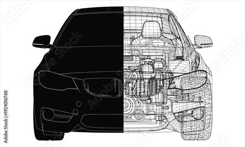 A black and white illustration of a car with a split design one side solid black the other side a technical drawing on a white background