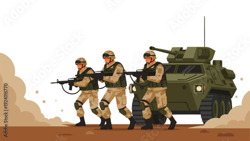 Vector Illustration of Three Soldiers and Tank in Military Operation Scene with Rifles and Camouflage