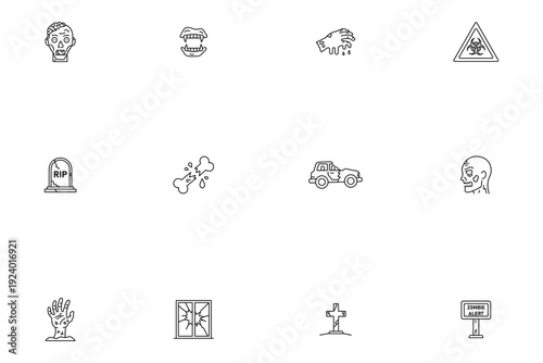 Zombie apocalypse and horror line icon set featuring undead head, tombstone, biohazard sign, and survival symbols vector