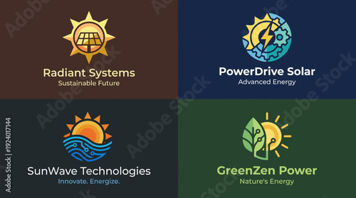 A collection of logos representing solar and renewable energy companies, showcasing creativity and modern design, optimal for brands focused on environmental technology and sustainability.