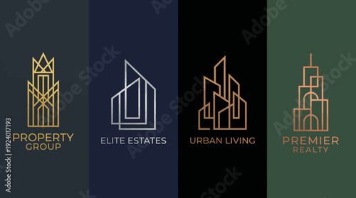 A collection of four stylish real estate logos showcasing modern designs for property brands, emphasizing sophistication and urban aesthetics in their presentation.