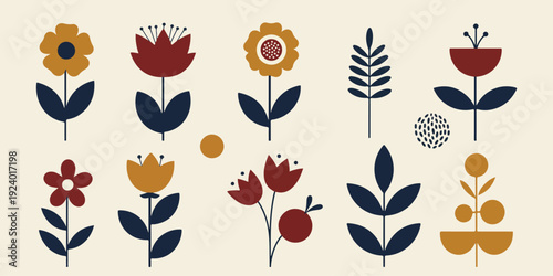 Colorful floral pattern with various stylized flowers and leaves on a beige background