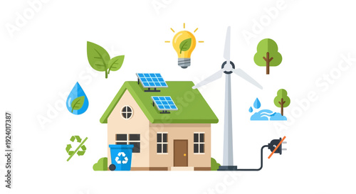 Eco-Friendly Home with Solar Panels & Wind Turbine. Sustainable Living Concept Featuring Green Energy, Recycling & Environmental Conservation Icons.